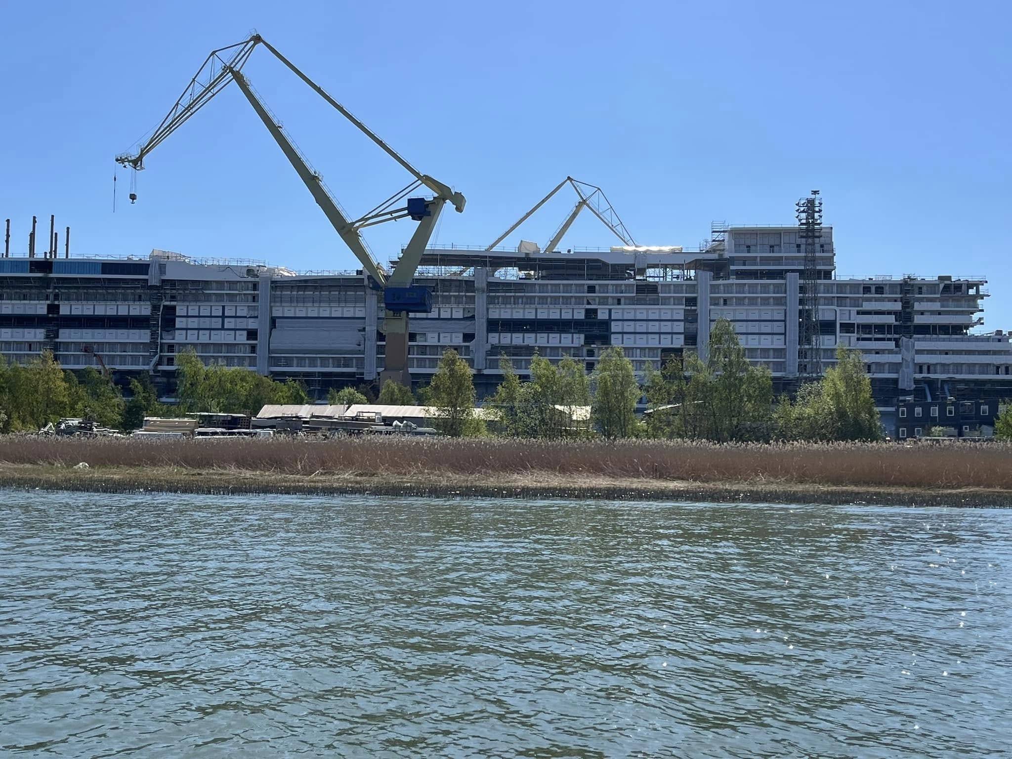 Shipyard with gantry crane seen from the water